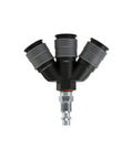 3 Way Air Manifold With Lightweight Composite Construction, One Quarter Inch Inlet And 6 Ball Universal Quick Connect Couplers