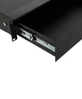 Close-up of Straight Up Heavy Duty 19 Inch 2U Rack Drawer Cabinet With Secure Lock And Keys Crafted From Solid Steel In Sleek Black.