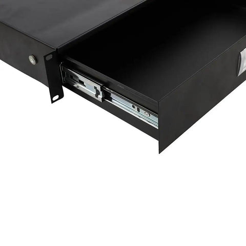 Close-up of Straight Up Heavy Duty 19 Inch 2U Rack Drawer Cabinet With Secure Lock And Keys Crafted From Solid Steel In Sleek Black.