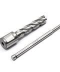 Annular cutter set with Weldon shank and long HSS bits, side view; 2-piece kit for magnetic drill press.