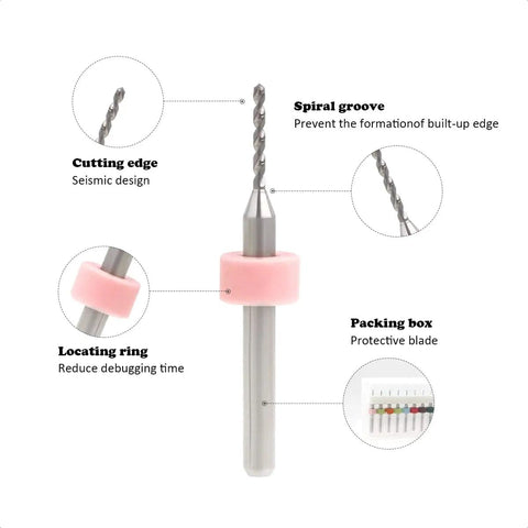 30 Piece Tungsten Carbide Micro PCB Drill Bit Set With 0.3mm And 1.2mm Shanks For Precision PCB Drilling CNC Engraving And Rotary Tool Projects Ultra Tough Wear Resistant Tungsten Steel For Circuit Boards showing a drill bit with spiral groove and pink locating ring