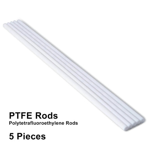 White PTFE Round Rods One Quarter Inch Diameter, Thirteen Inch Length, Pack Of Five, Six Millimeter Teflon Rods arranged in a row