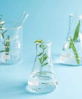 Three Piece Erlenmeyer Flask Set With Flat Bottom Borosilicate Glass And Graduated Markings 50ml 150ml 250ml on a blue surface