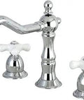 Heritage Widespread Lavatory Faucet with Porcelain Cross Handles polished chrome solid brass 3-hole deck mount