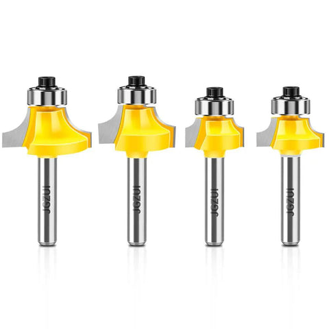 Pro Grade Four Piece Roundover Router Bit Set With One Quarter Inch Shank And C3 Carbide Cutters for clean edges, various radii