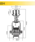 Built Tough 304 Stainless Steel Sliding Gate Caster Wheel Featuring Spring Shock Absorption, dimensions displayed for installation.