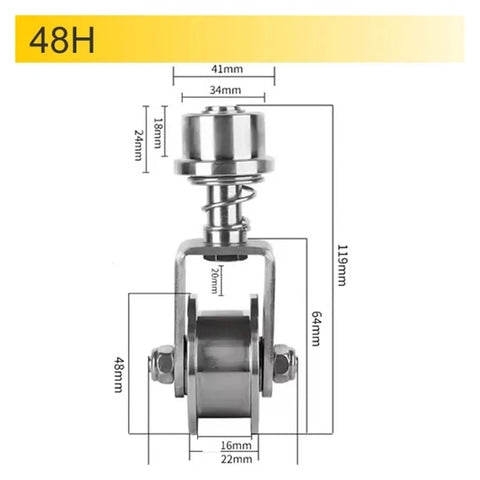 Built Tough 304 Stainless Steel Sliding Gate Caster Wheel Featuring Spring Shock Absorption, dimensions displayed for installation.