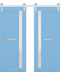 Double Barn Door Set 84 By 96 Inches With Aquamarine Frosted Glass And Stainless Steel 14 Foot Rail Hangers Heavy Duty Hardware For Interior Use Two Doors Each 42 By 96 Inches Solid Panel Style