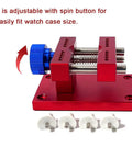 Adjustable Watch Case Holder For Precision Repairs, Rotating Size Control, Fits 80mm Back Covers, red holder with blue knob