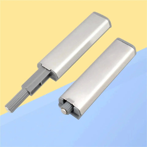 Easy Install Magnetic Push Open Cabinet Door Latch Set In Stainless Steel showing two latches, one extended, one retracted.