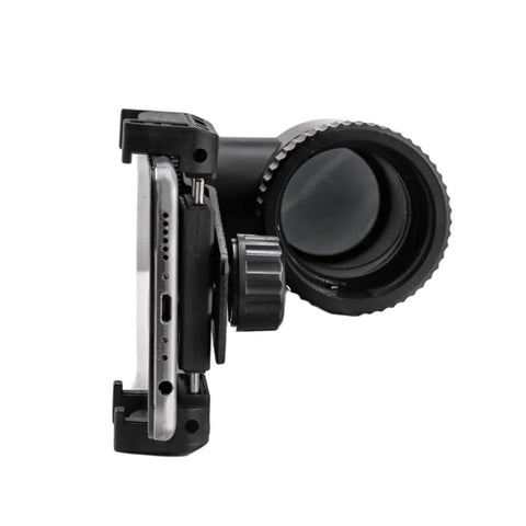 Side view of Dope Rifle Scope Camera Mount For Smartphones With All Aluminum Build And Tool Free Fast Lock Dual Viewing Angles