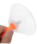Hand holding a Two Pack Transparent Windproof Spray Nozzle Cover with orange handle for garden hose or backpack sprayer.