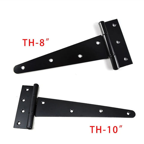 Built Like A Tank Heavy Duty T Hinge For Garden Gates And Fence Repair With All Weather Durability Fits 8 Inch Wood Doors Smoothly, showing TH-8 and TH-10 sizes.