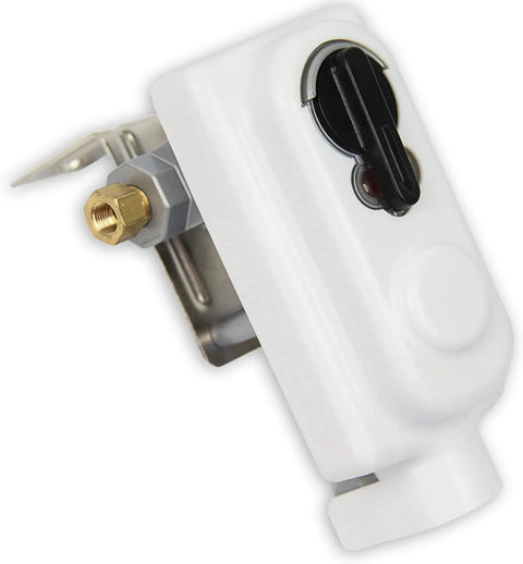 Flame King KT18ACR-2 propane regulator with auto-changeover; white body, black dial, brass inlet