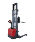 Tory Carrier Full Electric Pallet Stacker, 3300 Lb Capacity, 118 Inch Height, showcasing adjustable straddle legs and forks lift.