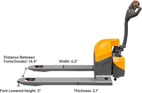 Heavy Duty 3300 Lb Capacity Electric Pallet Jack Truck with 48x27 inch solid forks, measuring width 6.3 inch.