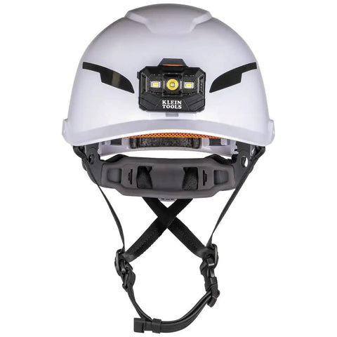 Type 2 Safety Helmet With Rechargeable Headlamp, White Non Vented ANSI Class E Hard Hat front view showing built-in lamp.