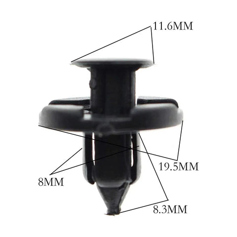 Premium Black Nylon Push Pin Clips For Bumper Shield And Fender Trim Panel Fasteners Retainer Rivets Durable Auto Body Hardware showing dimensions.