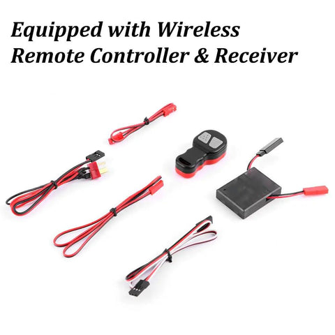 1 By 10 Scale RC Metal Automatic Winch With Wireless Controller And Receiver components spread out on a white surface
