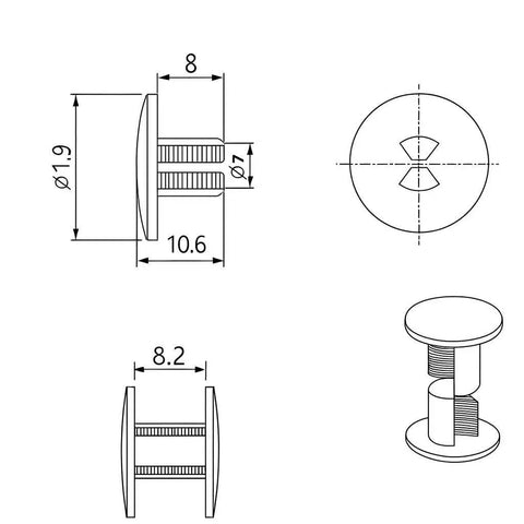 Image of Knockout Quality Ratchet Rivets For Coroplast C And C Cage Panels dimensions with head size and stem detail.