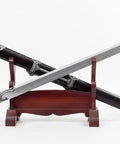 Ring Pommel Song Dao Hand Forged High Manganese Steel Blade With Rosewood Scabbard And Exclusive Alloy Fittings on display stand