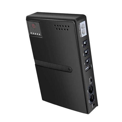 Zero Stress DC UPS Backup Power Supply Providing 18W Multi Output For Routers And Cameras US Plug, compact black housing with multiple ports.