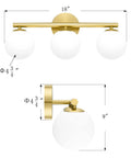 Rock A Stylish Mid Century Modern Vibe In Your Bathroom With These Three Light Gold Vanity Fixtures Complete With Frosted Milk Glass Globes And A Brushed Gold Frame That Is Dimmable Wall Mount Ready, size dimensions with 18-inch width and 9-inch height.