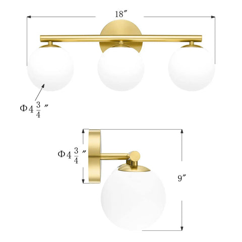 Rock A Stylish Mid Century Modern Vibe In Your Bathroom With These Three Light Gold Vanity Fixtures Complete With Frosted Milk Glass Globes And A Brushed Gold Frame That Is Dimmable Wall Mount Ready, size dimensions with 18-inch width and 9-inch height.