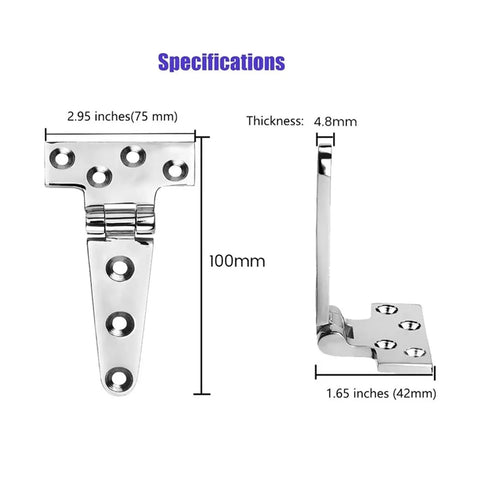 Self Closing Reversible Door Hinge For Marine Use, Heavy Duty T Hinge, Stainless Steel With Screws, 100mm, side view