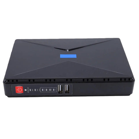Compact Mini Ups Battery Backup delivers a rock solid 8800mAh reserve, sleek black design with USB ports for modem and router.