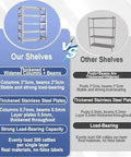 Comparison of Heavy Duty Stainless Steel Four Tier Storage Shelves With Brushed Commercial Grade Finish and other shelves showing stability and load capacity.