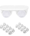 Self Adhesive Swivel Caster Wheels For Storage Boxes Trash Cans And Small Furniture With Silent Glide Design, clear wheels and white base.
