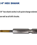 Close-up of a 1/4 inch hex shank drill bit from a pack of 6 1/8-Inch titanium nitride coated drill bits with M2 high speed steel.
