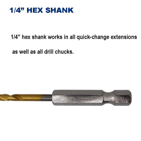Close-up of a 1/4 inch hex shank drill bit from a pack of 6 1/8-Inch titanium nitride coated drill bits with M2 high speed steel.