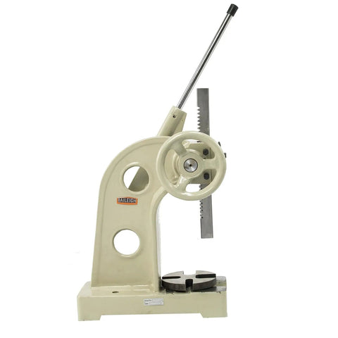 Professional Grade Three Ton Ratcheting Arbor Press with flywheel and cast iron frame for metal bending projects.