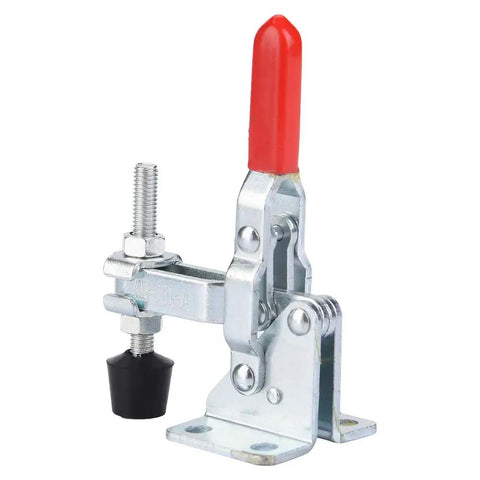 Two Pack Vertical Toggle Clamp Set With 50kg Holding Capacity, M5 Screw, 82mm Tall, Galvanized Iron Arrow Storage Case, Perfect For Woodworking, Welding, Drill Table Fixtures, side view