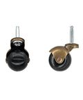 Two antique brass finish ball casters with 2 inch cyan wheels for heavy duty furniture, showing front and side views