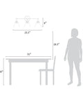 Dimensions illustration of Farmhouse Black 3 Light Vanity Fixture For Bathroom with silhouette comparison to human and furniture sizes.