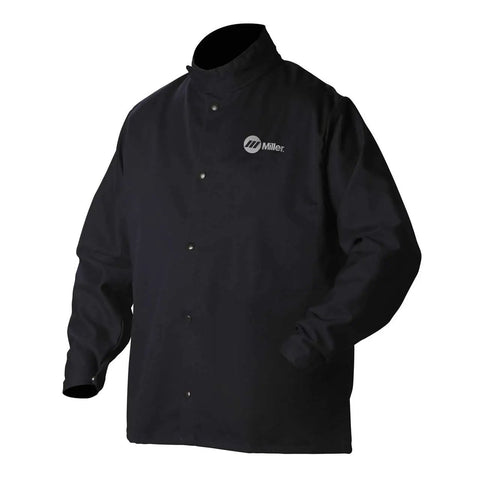 Navy Welding Jacket Cotton Nylon 88 Percent Cotton 12 Percent Nylon Size Large With Snap Button Cuffs Fold In Snaps Workwear