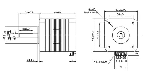 NEMA 17 stepper motor technical drawing: side and front views, 48mm housing, 2A bipolar, 4 leads with 6-pin connector