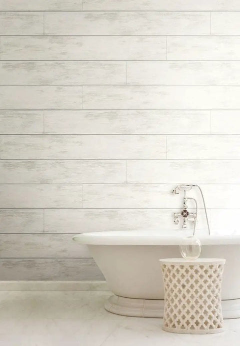 Shiplap Wallpaper Multi For Home Decor Dope Double Roll Pack Covers 56 Sq Ft 20.5 Inch Wide By 33 Feet Long Per Roll Classic Woodgrain Look Easy DIY Install For Accent Walls with bathtub and light decor.