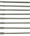 Front view of eight 150mm Torx security screwdriver bits in S2 steel set.