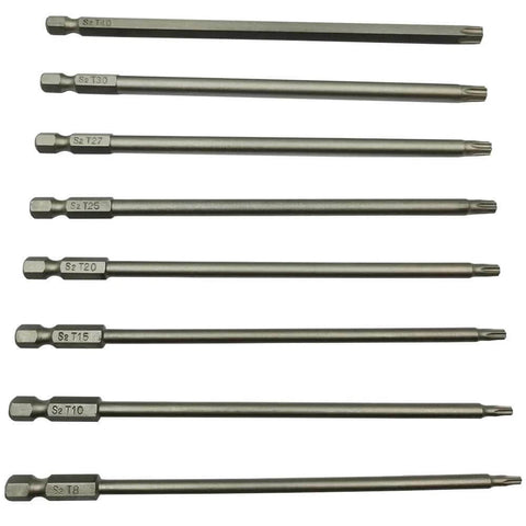 Front view of eight 150mm Torx security screwdriver bits in S2 steel set.