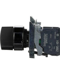 Side view of XB4BD21 2 Position Selector Switch with metal bezel for industrial machinery, showcasing the rugged black design and easy screw clamp connections.