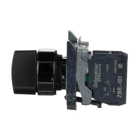 Side view of XB4BD21 2 Position Selector Switch with metal bezel for industrial machinery, showcasing the rugged black design and easy screw clamp connections.