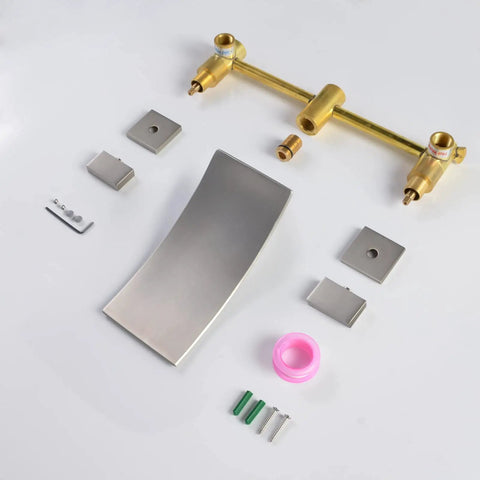 Brushed Nickel Wall Mount Tub Filler With High Flow Valve Waterfall Tub Faucet For Sinks And Tubs Solid Brass Rough-In 2.5 GPM At 60 PSI 7.48 Inch Spout Reach 3.9 Inch Spout Width 1/2 Inch Thread Size