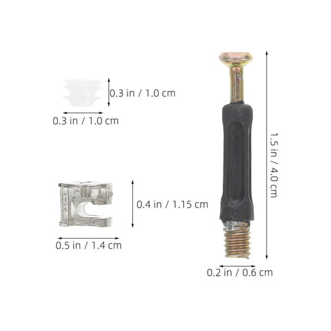 Dimensions of components in 30 Piece M6 Furniture Connector Hardware Kit With Cam Screws Dowel Fixing Screws And Barrel Nuts For Drawer And Table Assembly Zinc Alloy And Plastic Components Built To Last For DIY Furniture Projects