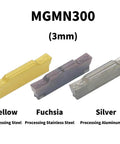 Three MGMN300 carbide blades in yellow, fuchsia, and silver for processing steel, stainless steel, and aluminum alloy.