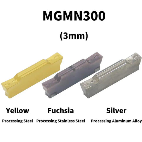 Three MGMN300 carbide blades in yellow, fuchsia, and silver for Grooving Tool Holder For CNC Lathe With 0.63 Inch Shank.