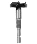 Front view of 15–35mm concealed hinge drill bit with hole drilling guide; metal shaft and threaded section